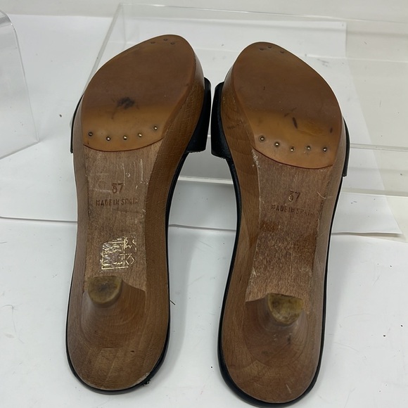 Yves Saint Laurent Sz 37 Black Leather Wood Low Heel Slide Sandals - Picture 5 of 9